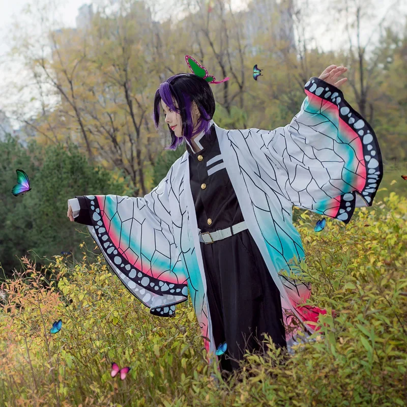 Demon Slayer Kochou Shinobu Cosplay Traje, Uniforme de Halloween, Haori Cloak Ternos, Peruca Adulto e Infantil