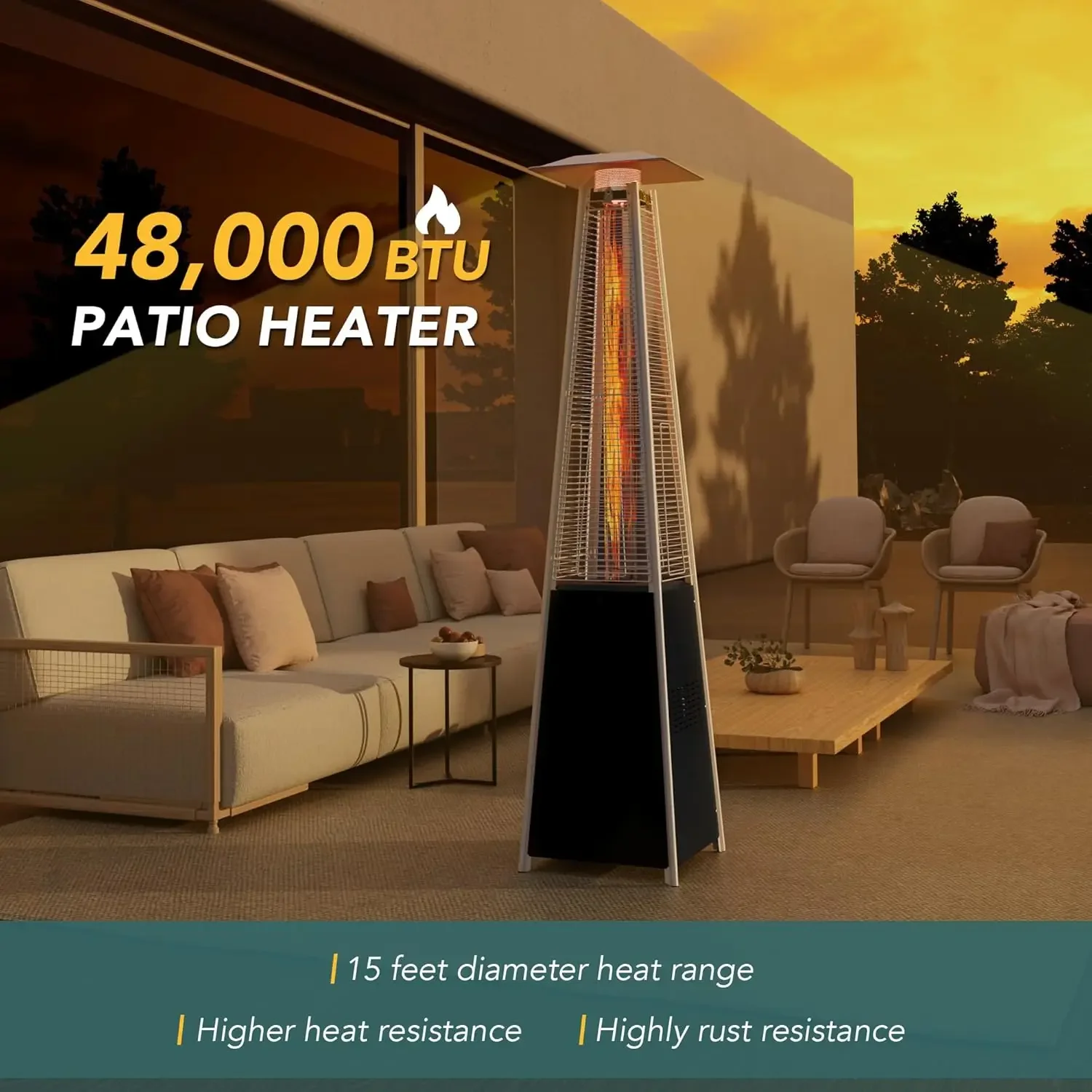 Patio Heater with Cover, 48,000 BTU Pyramid Flame Outdoor Heater Quartz Glass Tube Propane Heater