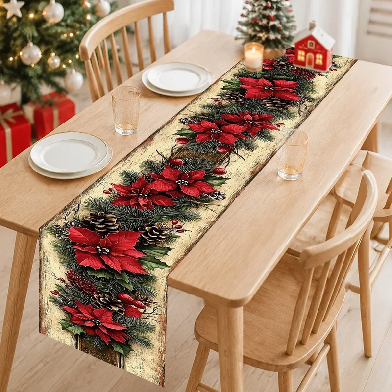 Vintage Christmas Table Runner 180*35cm Polyester Poinsettia Table Flag for Indoor Outdoor Home Party Decor Christmas Decoration
