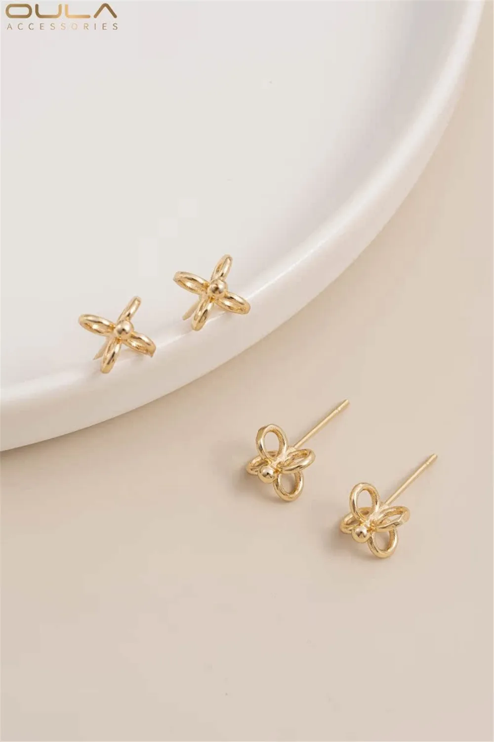 1Pair S925 Silver Needle Stud Earrings with Four Rings Handcrafted 14K Real Gold Wrapped DIY Earring Accessory Material