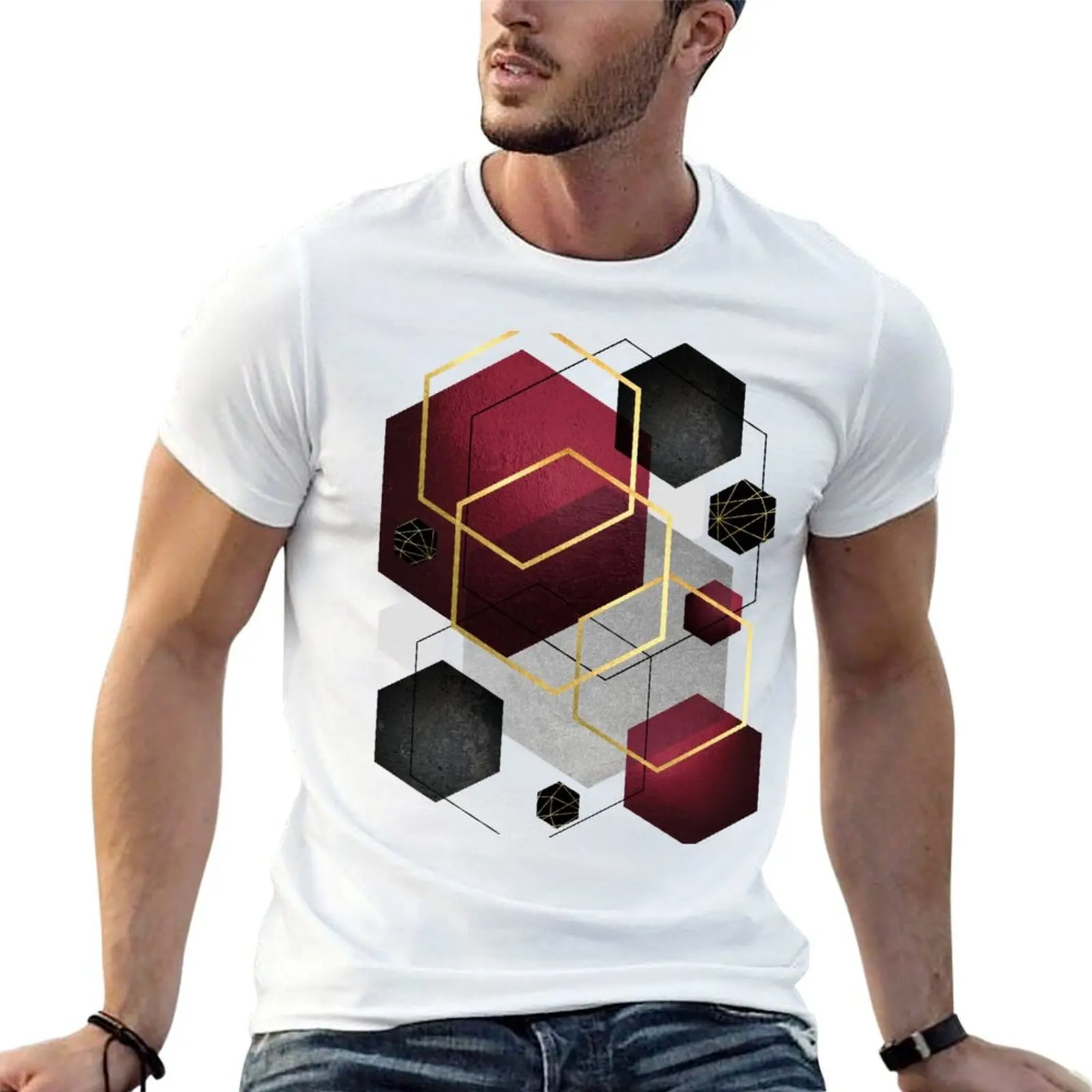 

Hexagons shirts man for cotton tshirt cotton cotton shirts Geometric in 100% t Red T-Shirt t 100% pack and Black
