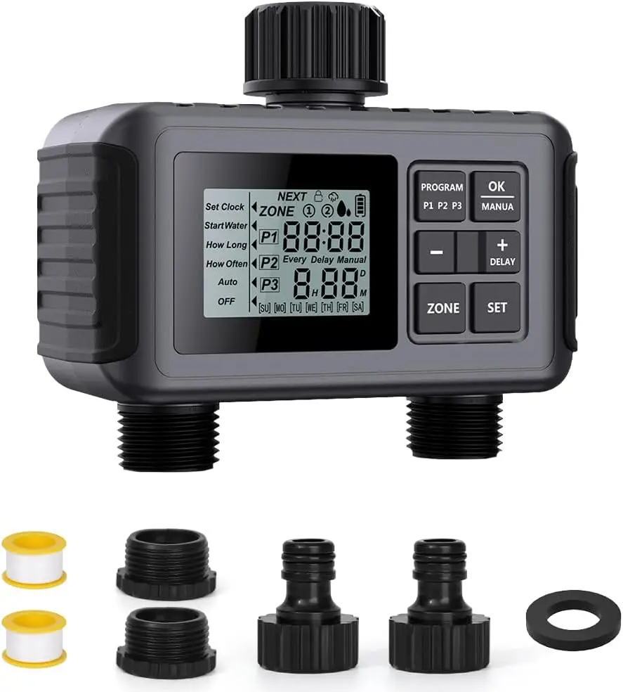 

SGW07 Programmable Sprinkler Timer with 2 Outlets, Rain Delay, IP55 Waterproof for Garden Hose, Yard & Lawn Drip Irrigation