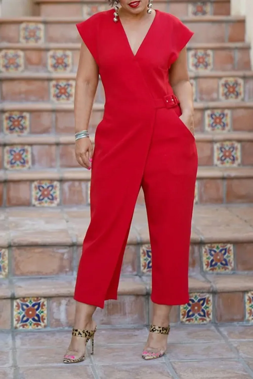 

Women's Wide Leg Pant Jumpsuit, V Neck Romper, Sleeveless, High Waist, Asymmetric Pocket Pant, Casual Solid Pant, Summer