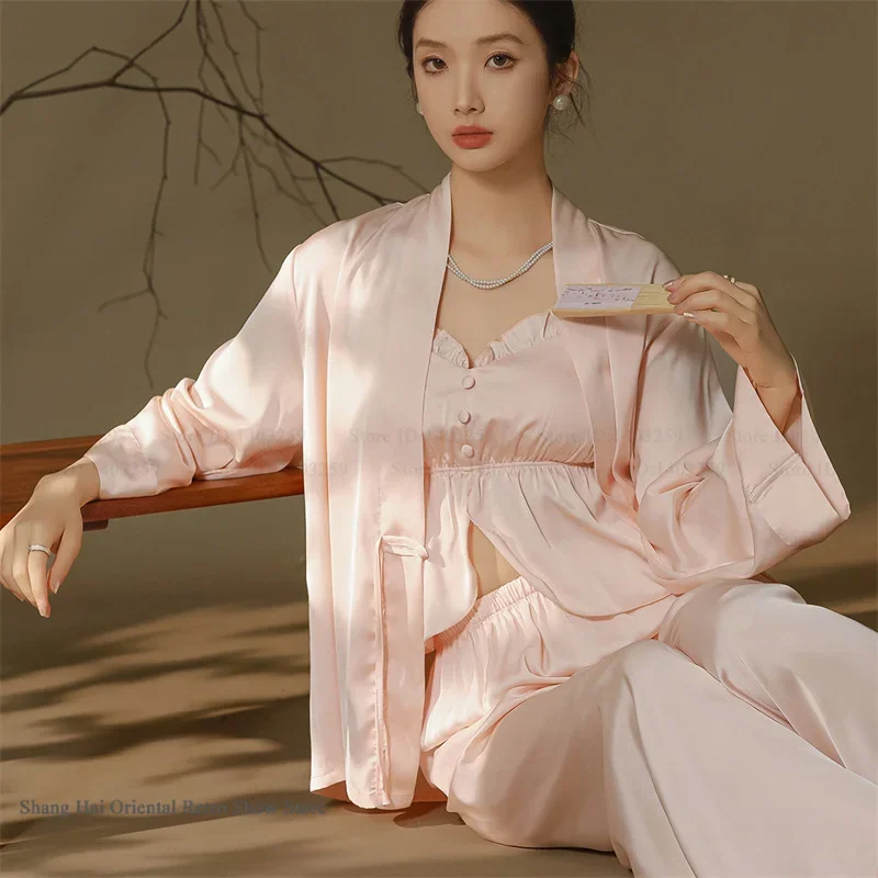 

Elegant New Chinese Style 3PCS Pajamas Set Autumn New Female Sleepwear Nightwear Long Cardigan Cami Trouser Suits Rayon Homewear