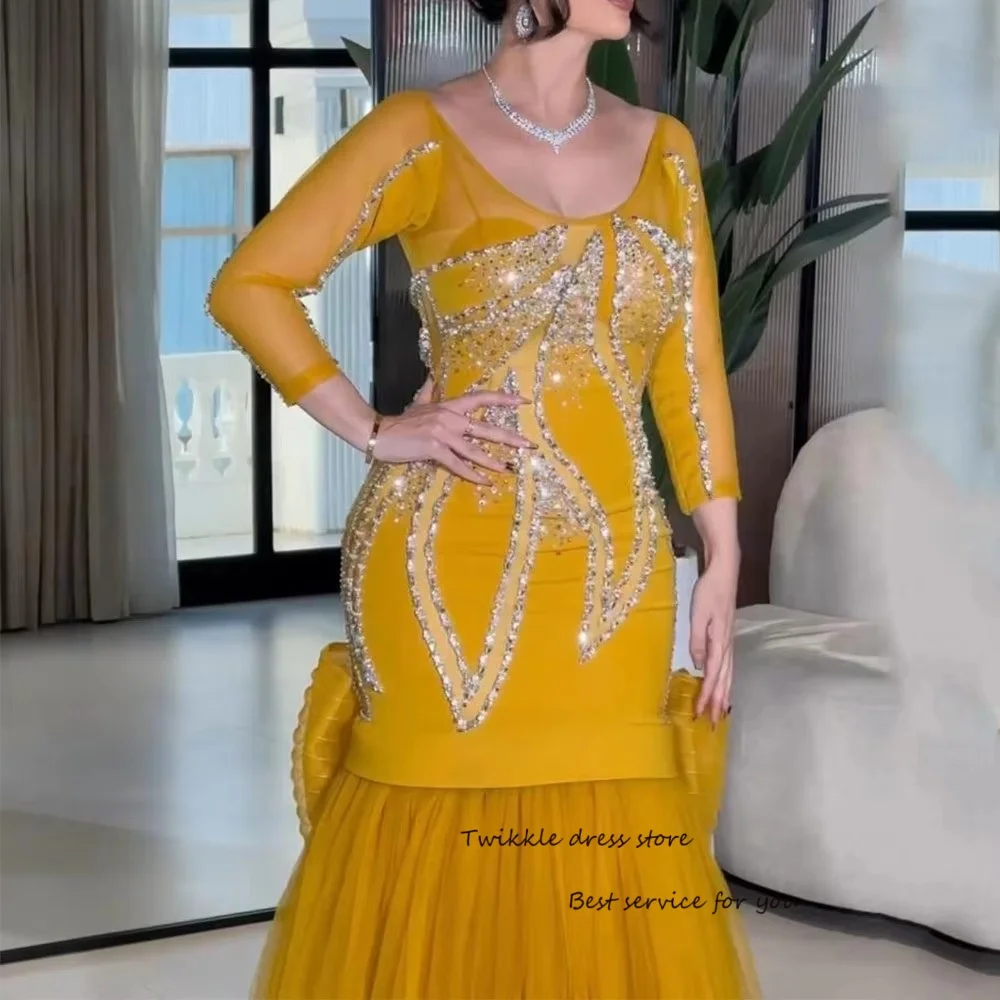 Tulle Evening Dresses With Bead Embellished Scoop Neck Mermaid Sexy Prom Dress Long Sleeve Customized Party Gowns For Women
