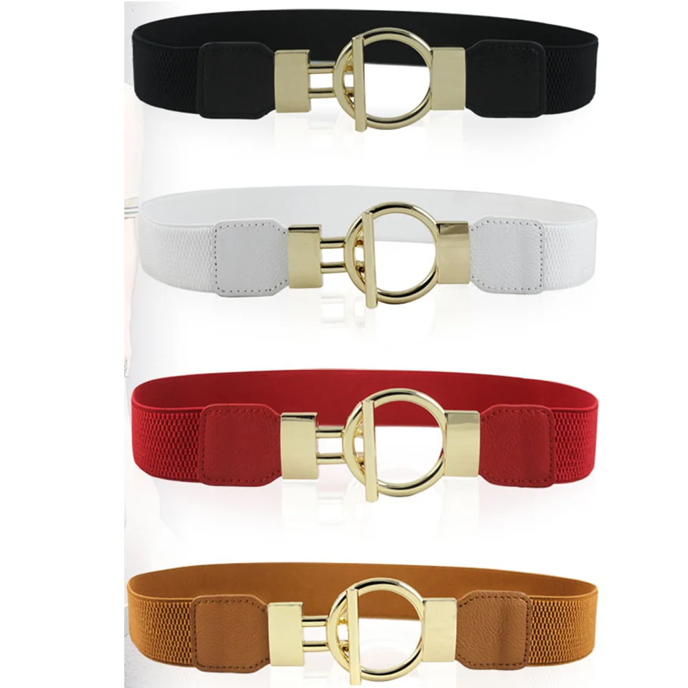 

Black Women Waist Belt Solid Waistband Golden Round Buckle PU Girdle Fashion Dress Up Accessory Round Buckle Belt