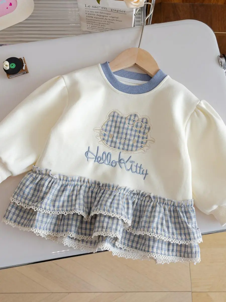 Conjunto de Ropa para Niñas con Sudadera Bordada de Dibujos Animados y Falda con Dobladillo de Encaje Floral para Primavera/Verano