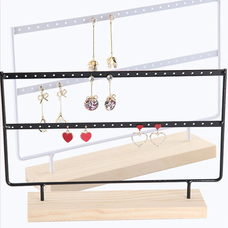Premium Black White Iron Earring Holder with Wooden Base Jewelry Display Stand  Organizer for Earrings Studs Accessories Storage
