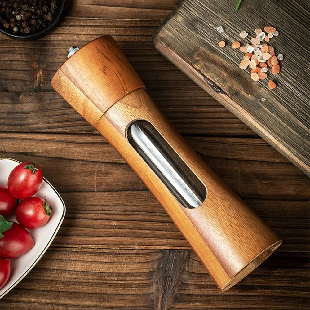 1/2Pcs Manual Salt and Pepper Mill Transparent Window Wooden Wooden Pepper Bottle with Base Refillable Pepper Grinder Seasoning