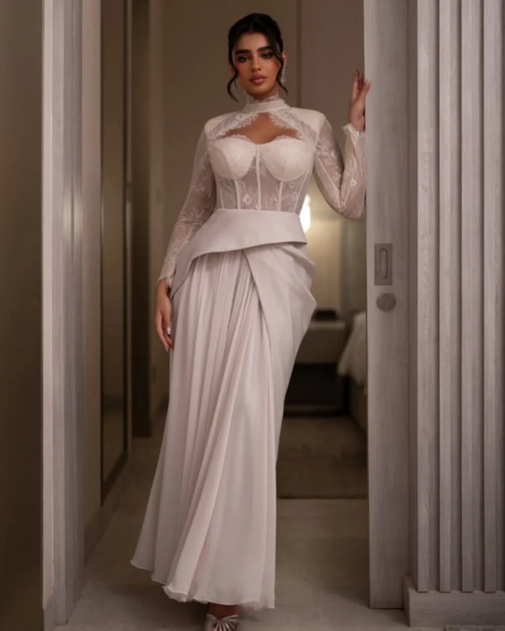 

Customized Elegant Women Chiffon Lace Ruched A-line Evening Dresses Modern Style High Collar Long Sleeves Ankle Length Dresses