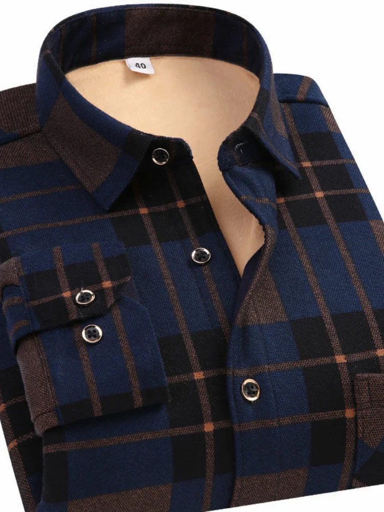 

Thiened Double-sided Fce Men's irt Warm Plaid Print Casual Design Autumn Winter Stand Fit Five Sve Length