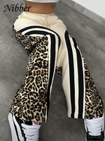 Nibber Side Stripe Women Flare Pants Autumn Hipster Leopard Patchwork Pocket Casual Wild Basic Street Sports Sweatpants Trousers