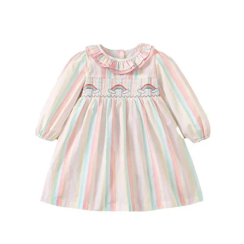 Vestido infantil de algodão manga comprida, roupa listra colorida, desenho animado arco-íris, padrão bordado, roupas para meninas, primavera, outono, 2024