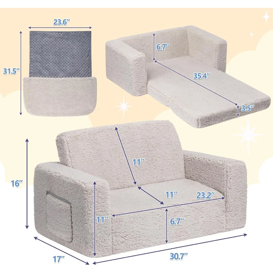 Fold Out Toddler Couch Extra Wide Comfy 2in1 Cuddly Sherpa Sofa for with Removable Baby Friendly Blanket Convertible Sofa to Be