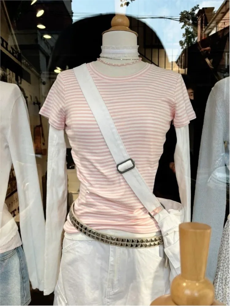 Sweet Pink Striped Short Sleeve Tees Women New Casual Slim O-neck Tshirts Tops Female Cute Preppy Style Streetwear T-shirts Y2K