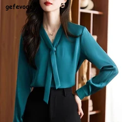 Women Fashion Bow Tie Chic Elegant Blouse Autumn Office Lady Business Casual Shirts Solid V Neck Long Sleeve Tops Chiffon Blusas