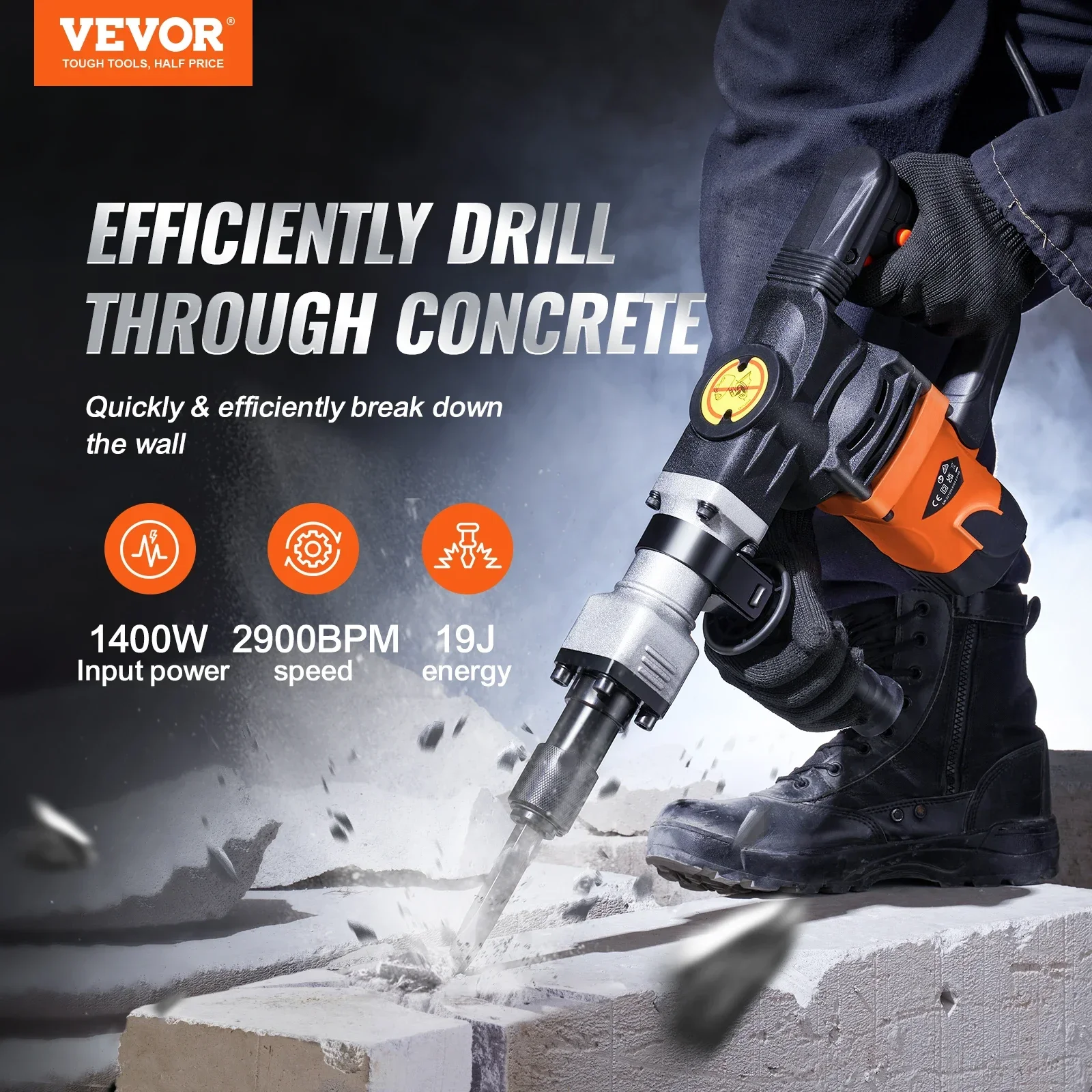 VEVOR-Heavy Duty Elétrica Jackhammer, Demolição Jack Martelo, Disjuntor De Concreto, Cinzéis Bits Chipping, 1400W, 2900 BPM, 2pcs