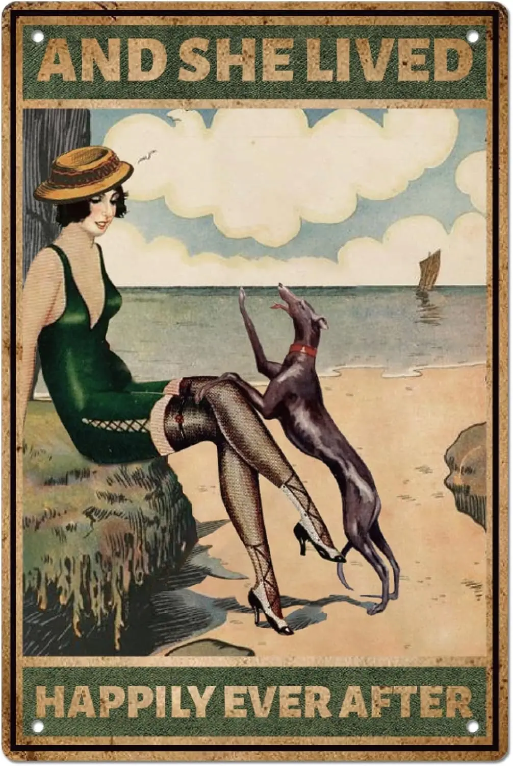SUPERDANT Beach Girl Tin Sign with Dog Vintage Metal Tin Signs She Lived Happily Ever After Funny Wall Art Painting Metal D sign