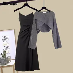 2023 Autumn/Winter New Dress Matching Set Women's Chic Irregular Knit Sweater Sling Skirt Two Piece Korean Elegant Pullover Suit