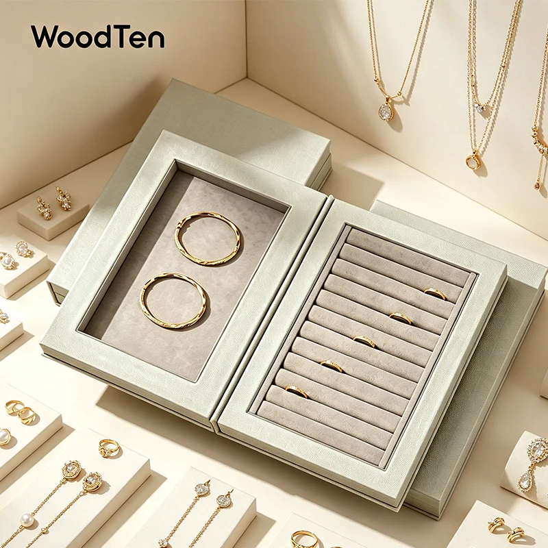 WoodTen Luxury Jewelry Storage Box Creative Book-Style Box with Flip-Top Lid for Rings Necklaces Bracelets and Jewelry Display