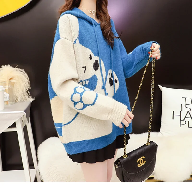  Winter Hooded Sweater And Pullovers Long Sleeve Bear Pattern Casual Jumpers Long Sleeve Pull Femme Patchwork Chic Knit Tops