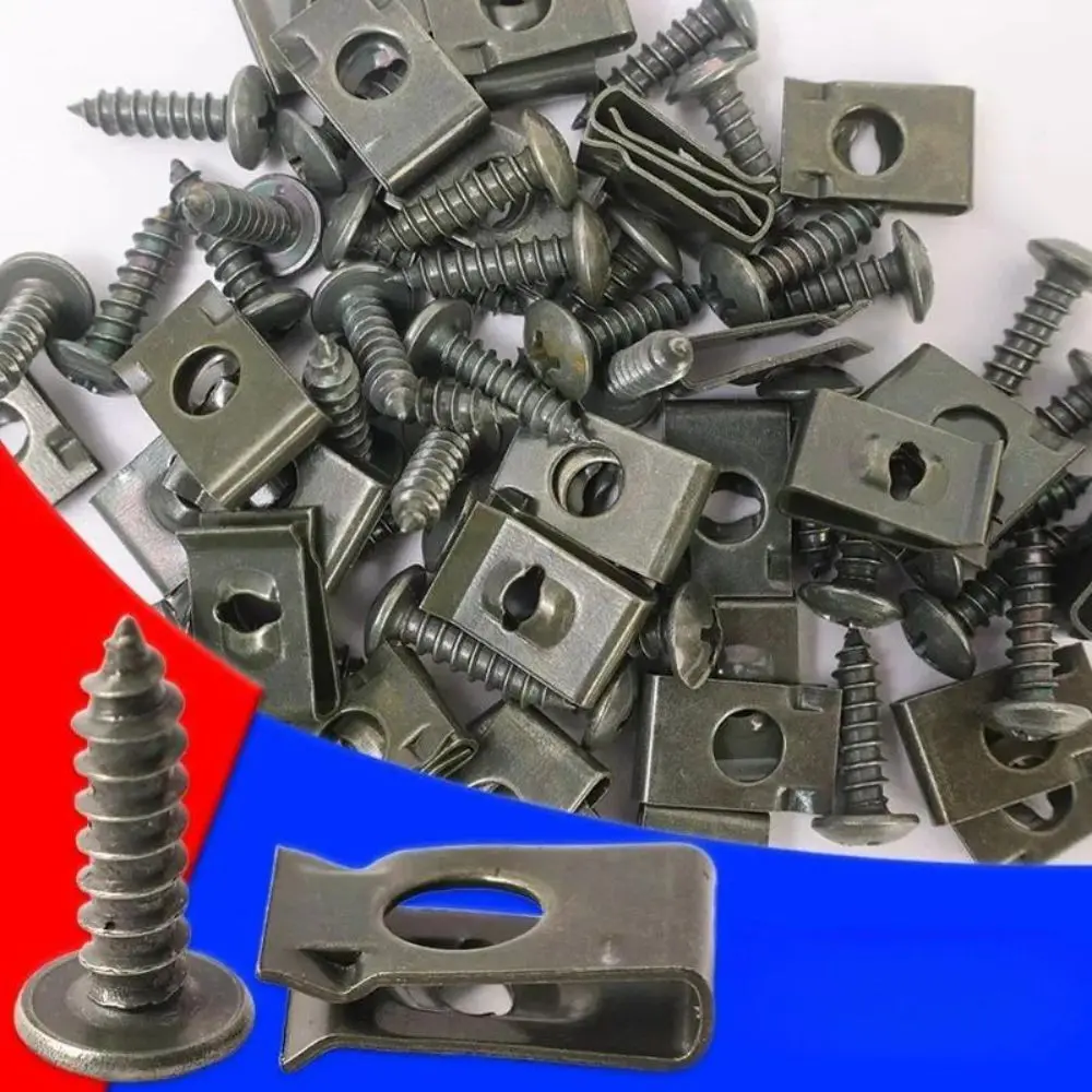 20/40/60Pcs Iron Automotive Screw Fastener Clips U-Shaped Self Tapping Self Tapping Clips Set Anti Rust Metal Screw Clips