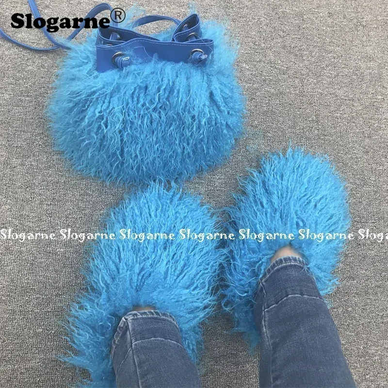 Women\'s Fashion Sets Fur Slippers Fur Handbags Woman Luxury Faux Fur Set Slides Furry Bag Purse Wallet Indoor Shoes Plus Size 49