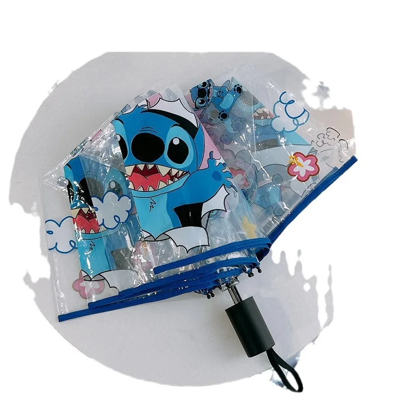 Guarda-chuva Disney-Stitch para crianças, desenhos animados bonitos, moda transparente totalmente automática, triplo, presentes de férias Brolly para meninas e crianças