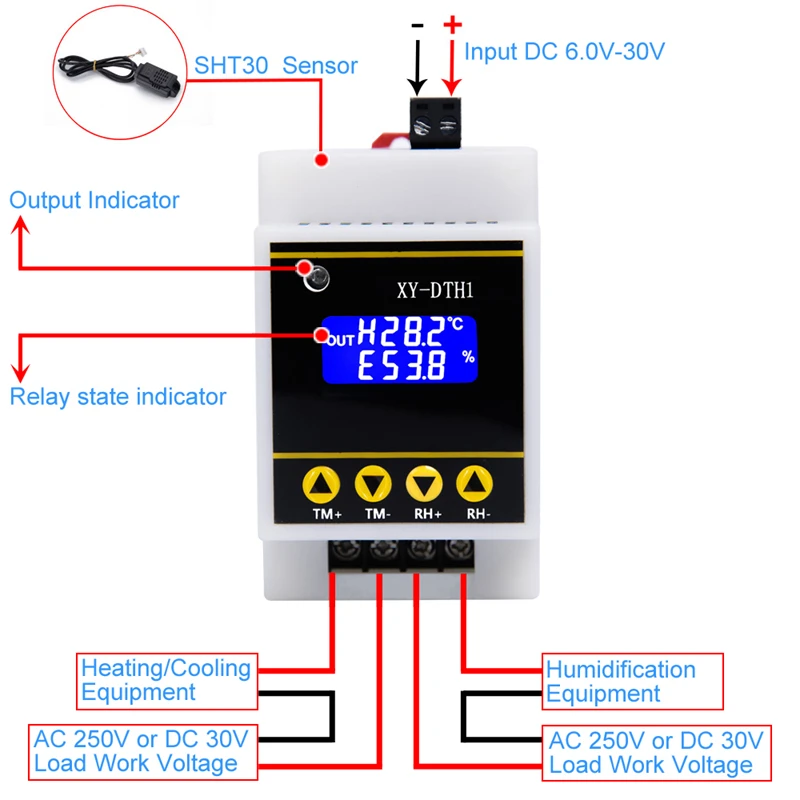 SHT30 Temperature Humidity Controller -20C to 60C 100% RH SHT30 Sensor Module 10A Relay Output for DIN Rail Incubator