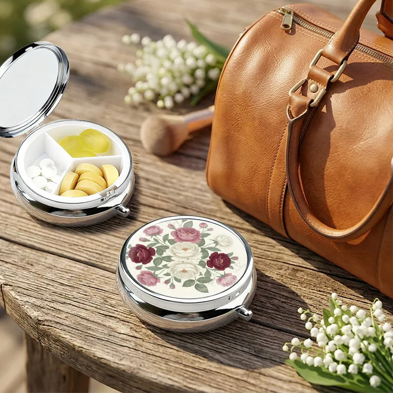 Vintage Metal Box 3-Compartment Small Portable Travel Medicine Organizer Elegant Rose Floral Pattern Daily Vitamin Supplement Box Storage Suitable Handbag Pockets Unique Birthday Women 1pc