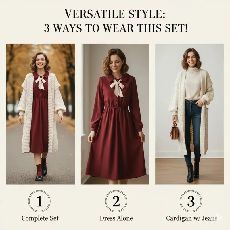 

Christmas Y2K Bow Dresses Knit Top Women Cardigan Set Women Red Sweater A-Line Dress Outfit Cute Holiday Winter 2Pcs Dresses New
