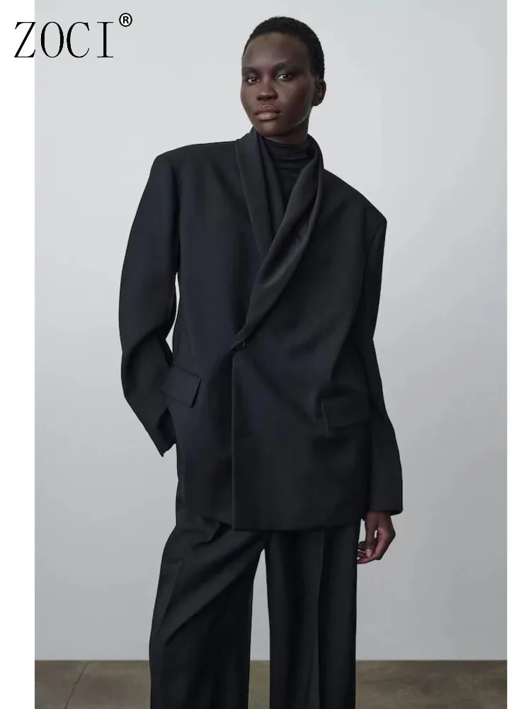 

ZOCI Fashion Women's Blazer High Acetic Acid Collar Black Suit Woman Cold Wind Minimalist Office Lady 2025 Spring New
