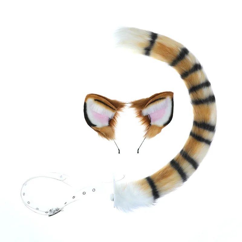 Funny Handmade Plush Tiger Headband Cosplay Props Realistic Animal Ears and Tail Set Headwear and Hair Accessories