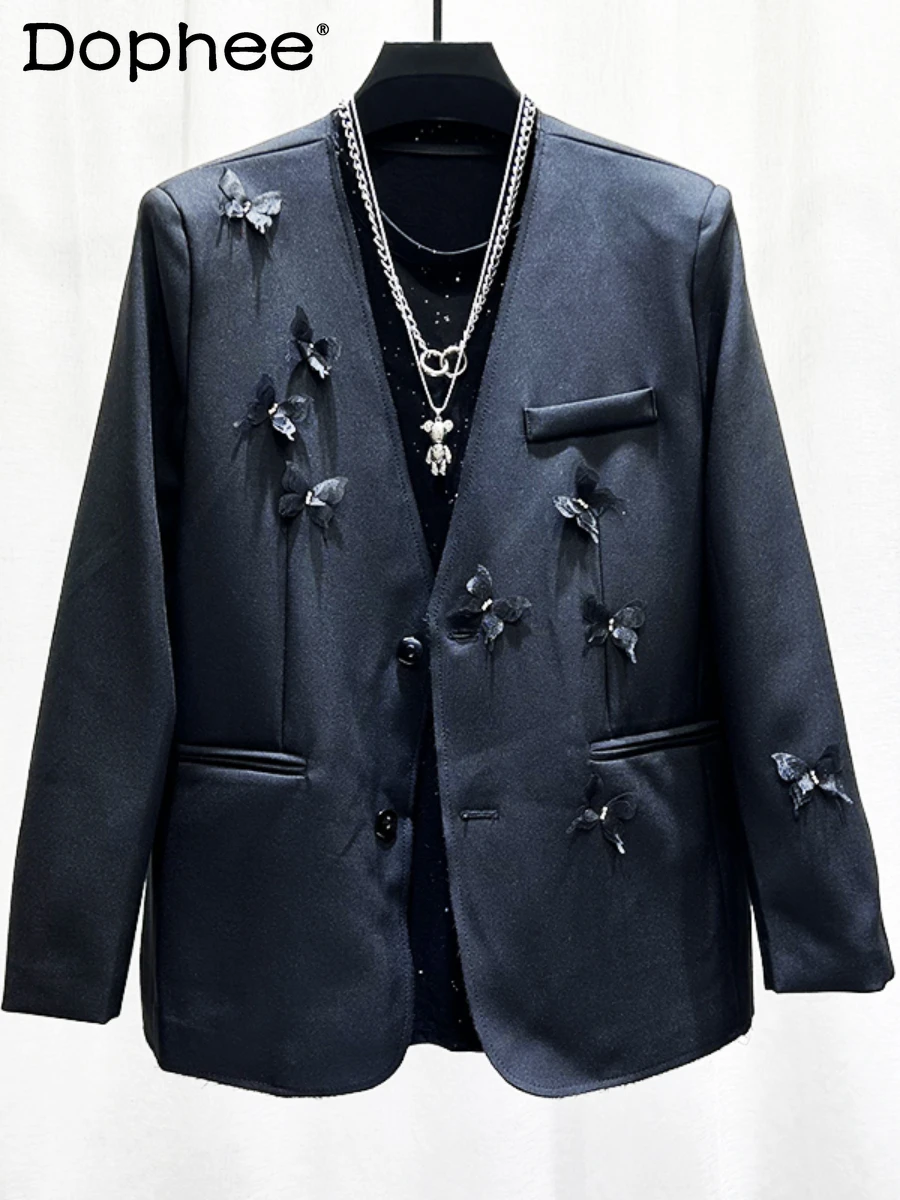 Men's 2024 Autumn New Personality Design Three-dimensional Butterfly Decorative Blazers Men's Trendy High-end Black Suit Tops