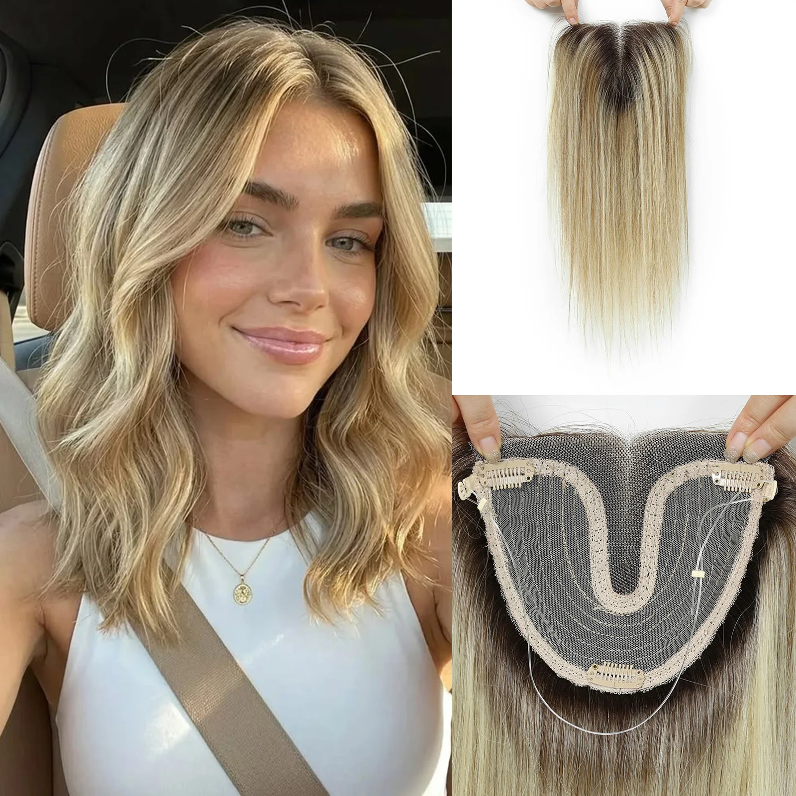 5*6in Lace Base Real Human Hair Topper Brown Blonde Highlight Hair Topper Hairpiece for Women Thinning 14 Inch Length 55g Weight
