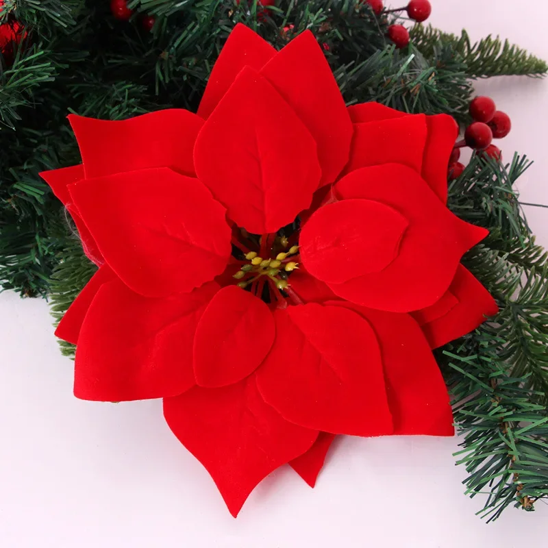 Artificial Poinsettia Bouquet for Christmas, Red Flowers Head, Xmas Tree Ornaments, Indoor and Outdoor Decorations