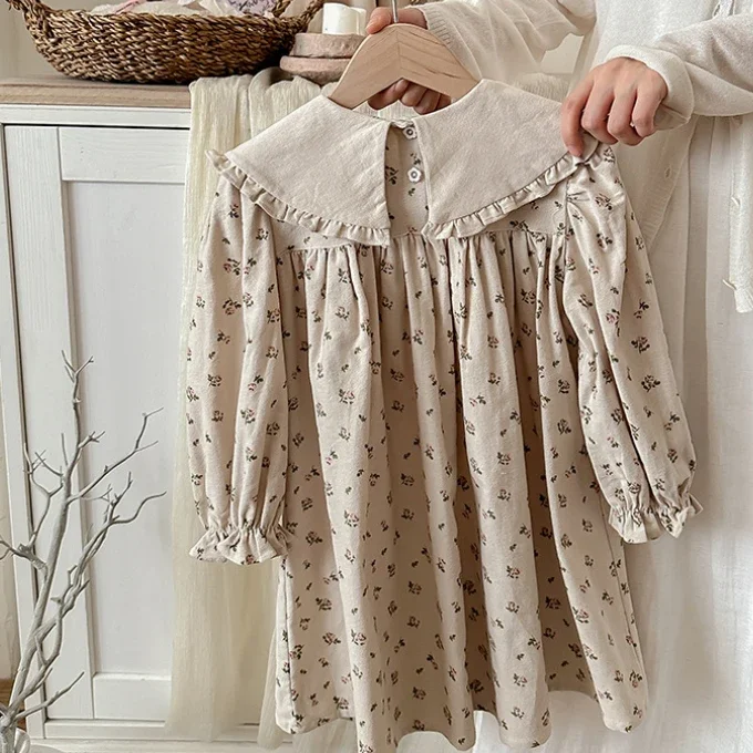 

2025 Autumn New Flower Long Sleeved Sweet Children's Princess Dress Korean Version Love Lapel Print Lace Girls' Cotton Dress