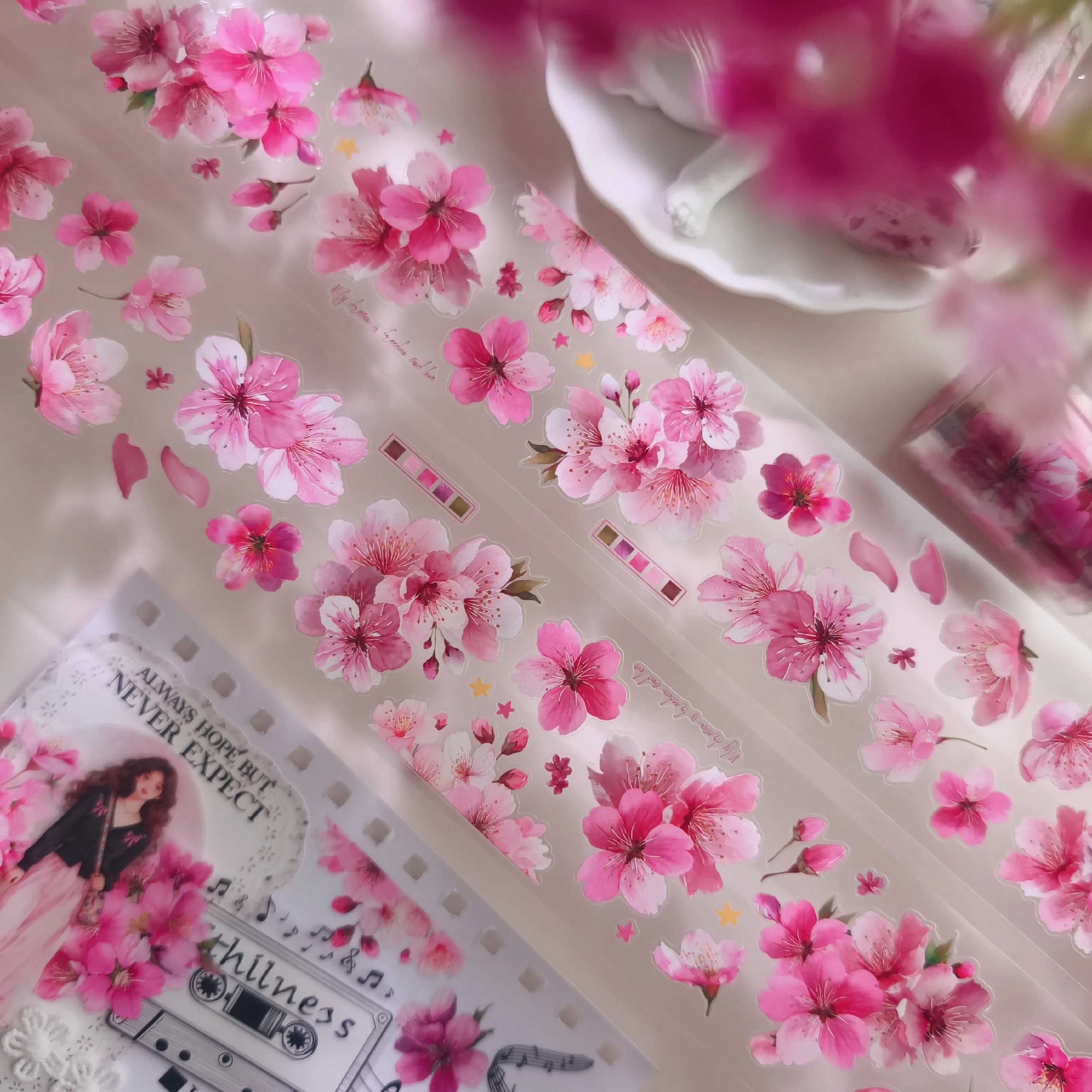 [Spring Limited] PET Cutting Notebook Sticker Light Retro Pink Cherry Blossom Washi Pet Tape