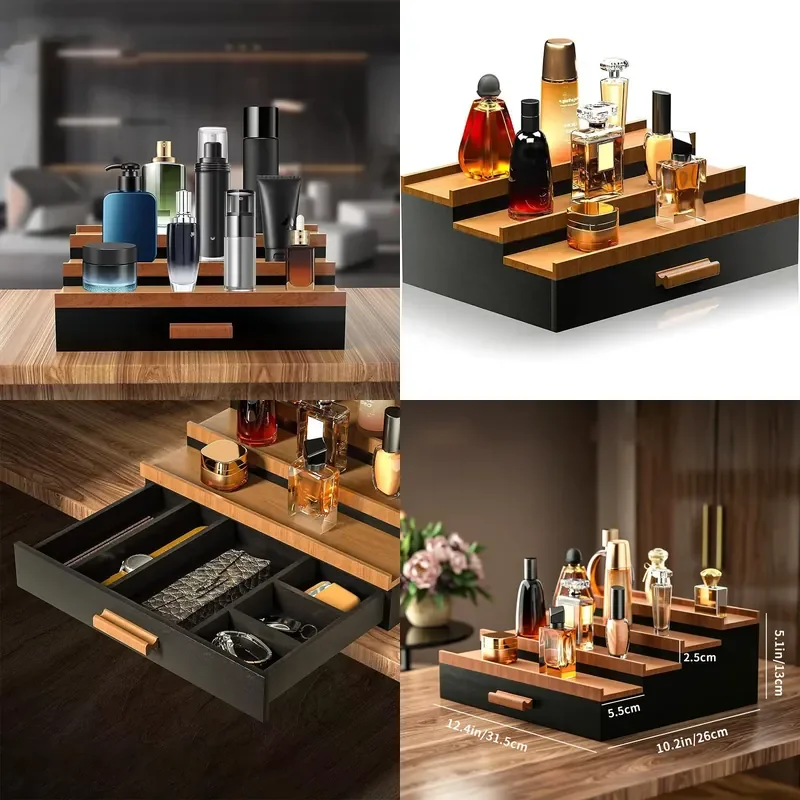 for Cross-border Multi-layer Solid Wood Perfume Rack with Drawer Jewelry Box Ladder Storage Rack Wooden Perfume Display Rack