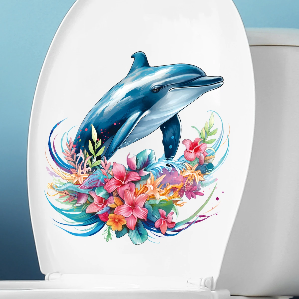 1Pc Watercolour Flower Dolphin Wall Stickers for Toilet Bathroom Home Decor Bedroom Wall Decals Children Room Living Room DIY