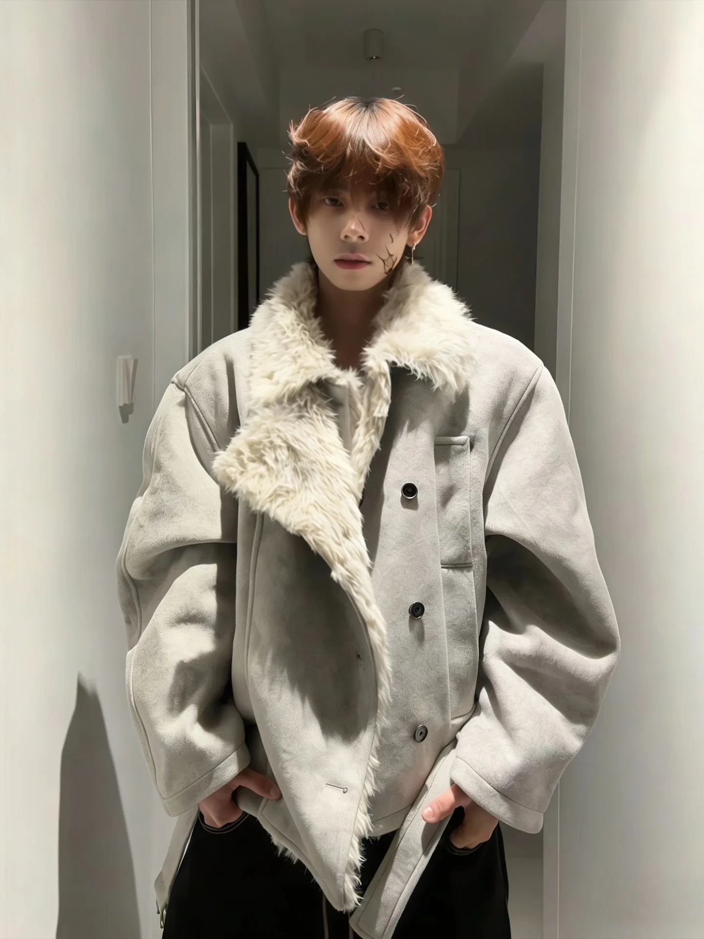

ey ort Thiened Woolen Men's Cotton Jaet Warm Youth Faion Winter Coat Button Closure Long Sve Pure Color Cleanfit