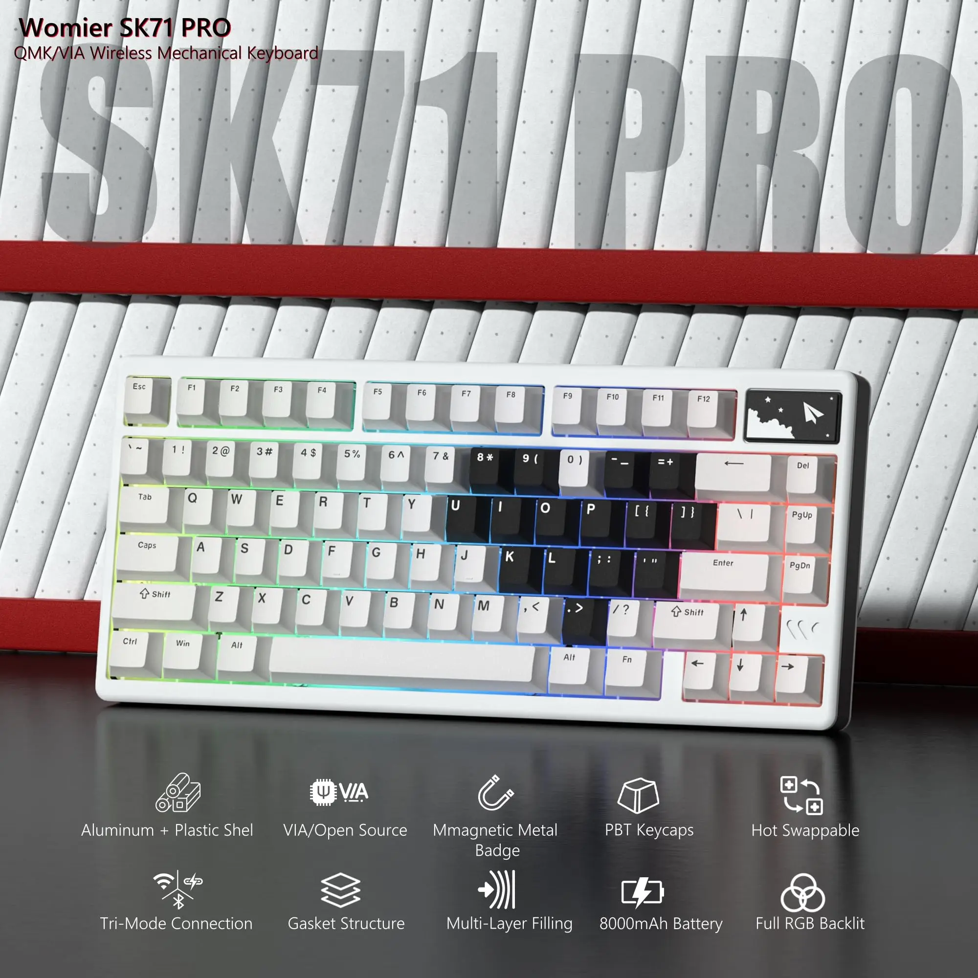 Womier SK71PRO الأبيض QMK/VIA 75% لوحة مفاتيح الألعاب اللاسلكية باستخدام الحاسب الآلي الألومنيوم ثلاثي الوضع لوحة المفاتيح الميكانيكية الساخن مبادلة RGB الخلفية لوحة المفاتيح