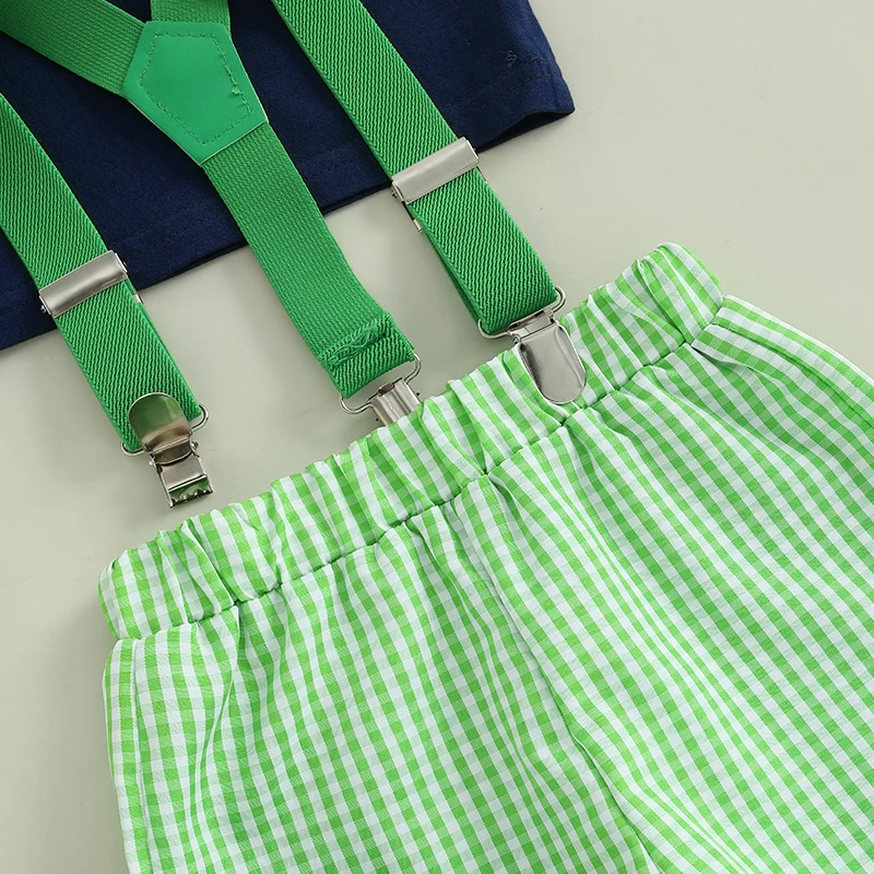 Летние комплекты шорт для маленьких мальчиков, топы с круглым вырезом и короткими рукавами с принтом тележки для гольфа и клетчатые шорты на подтяжках, комплекты