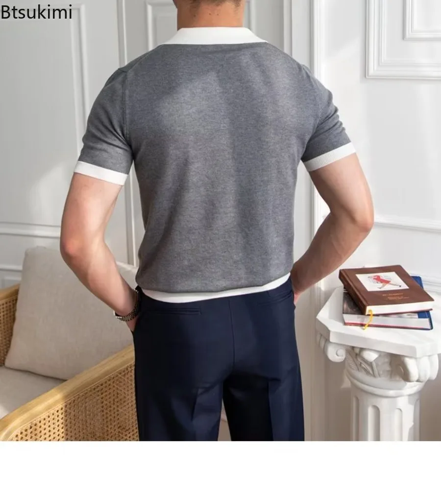 Mode Neue männer Elegante Gestrickte Polo Shirts Casual Vielseitige Revers Tees Sommer Atmungs Lose Tops für Männer Pendler Kleidung