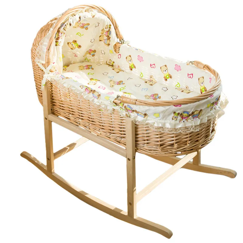 Rattan Baby Basket Summer Bed Newborn Portable Cradle Car Out Sleeping Basket Solid Wood