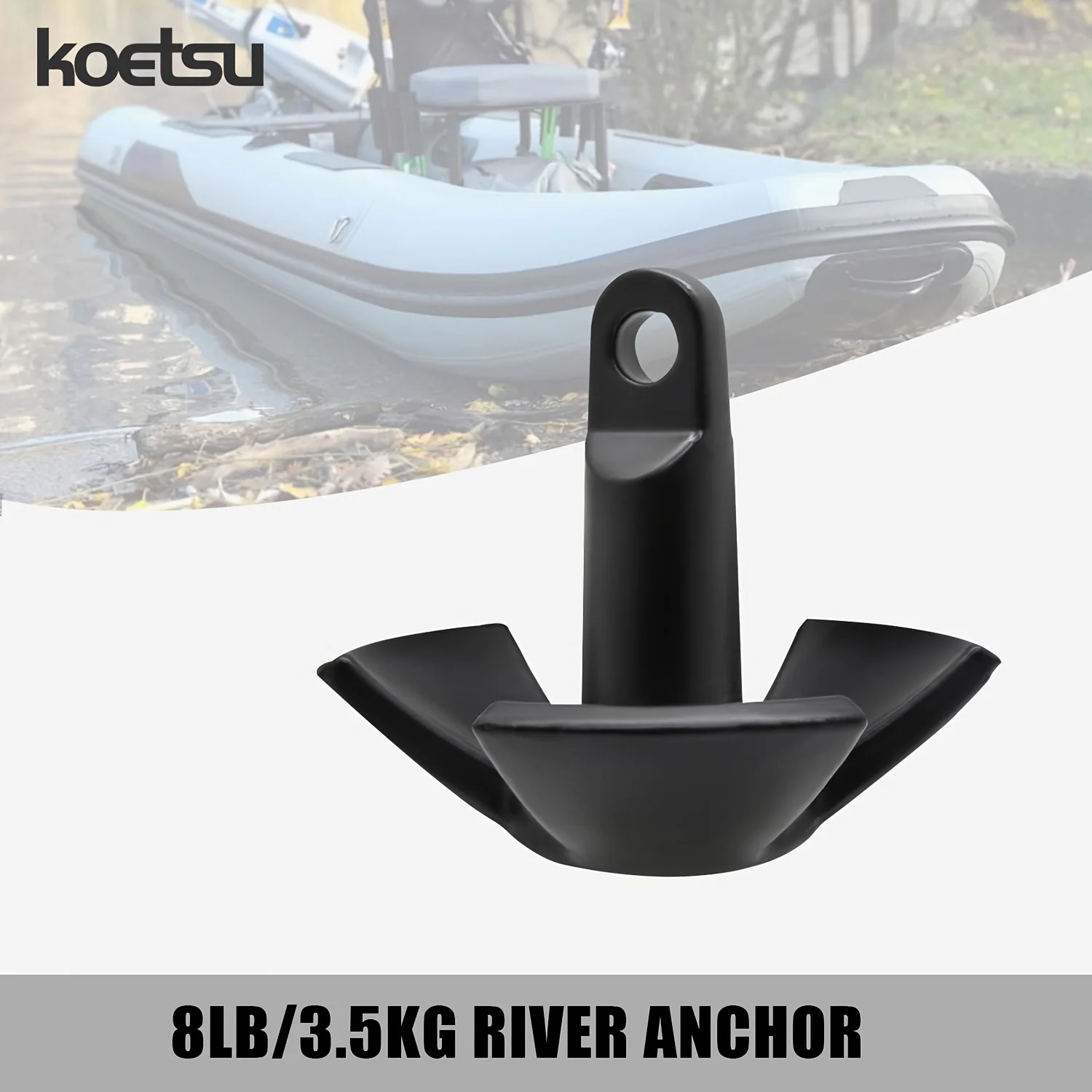 The KOETSU 1-leaf river anchor weighs 8 lbs/3.5 kg and is made of black vinyl-coated cast iron. It can be fixed underwater.
