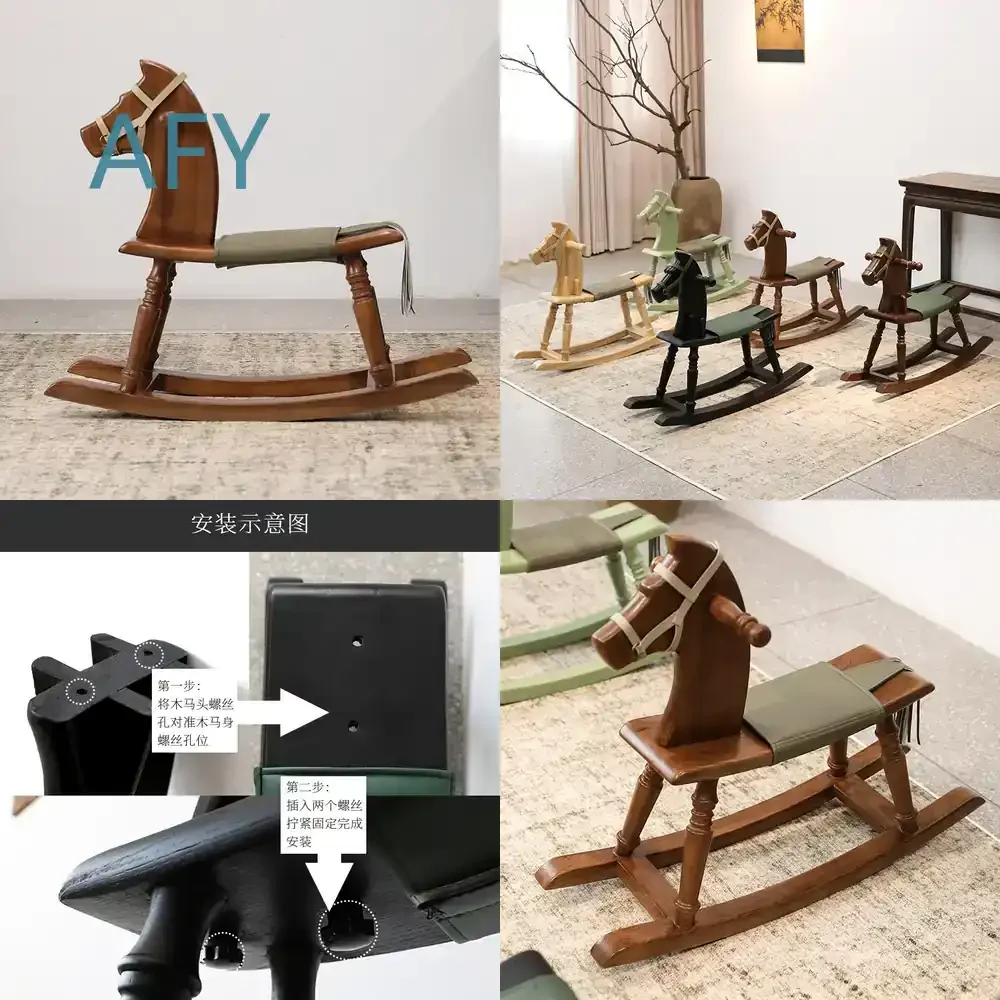 Wabi-kai Wabi-Sabi Wind Children's Wooden Rocking Horse for Kids Toddlers Babies Solid Wood Baby Toy Birthday Gift for