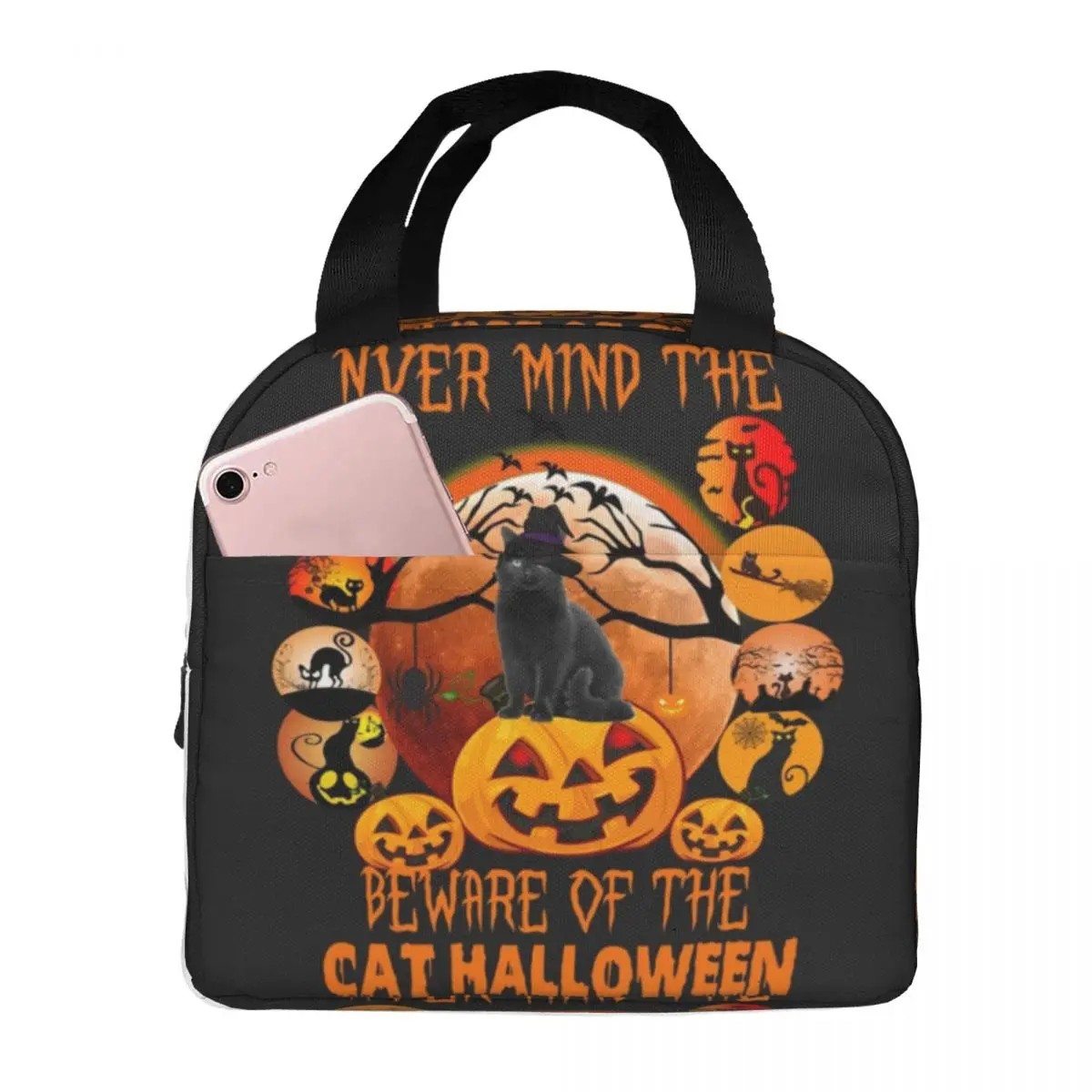 

Black Cat Halloween Insulated Lunch Bag for Women Office Cooler Thermal Food Box Tote Portable Lunch Boxes Container