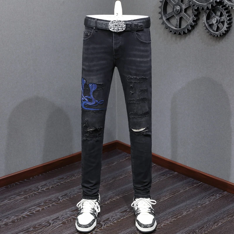 

Street Fashion Men Jeans Retro Black Gray Stretch Skinny Ripped Jeans Men Snake Embroidery Patched Brand Designer Denim Pants