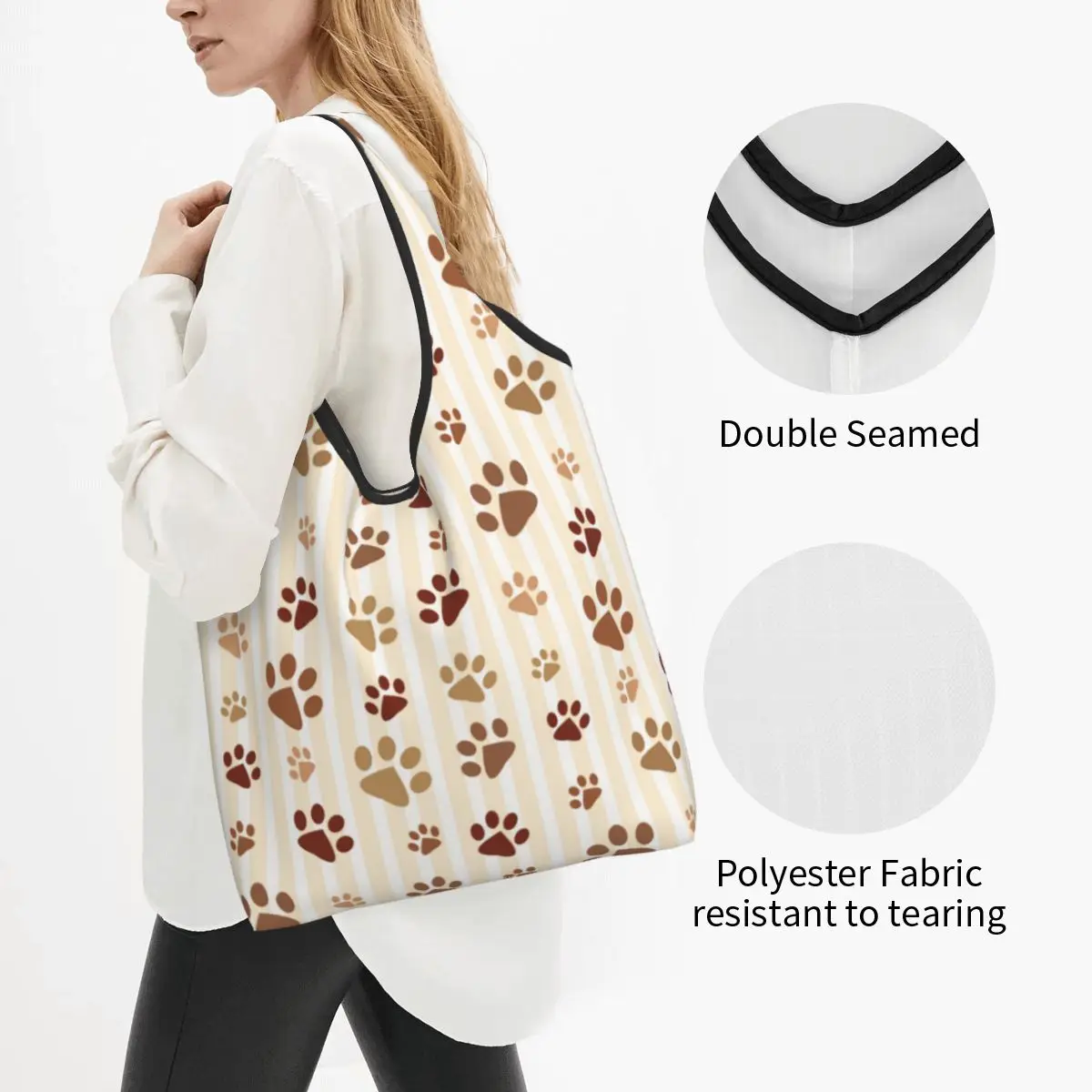 Funny Brown Dog Paw Footprints Seamless Pattern Shopping Tote Bags Portable Pet Animal Lover Grocery Shoulder Shopper Bag